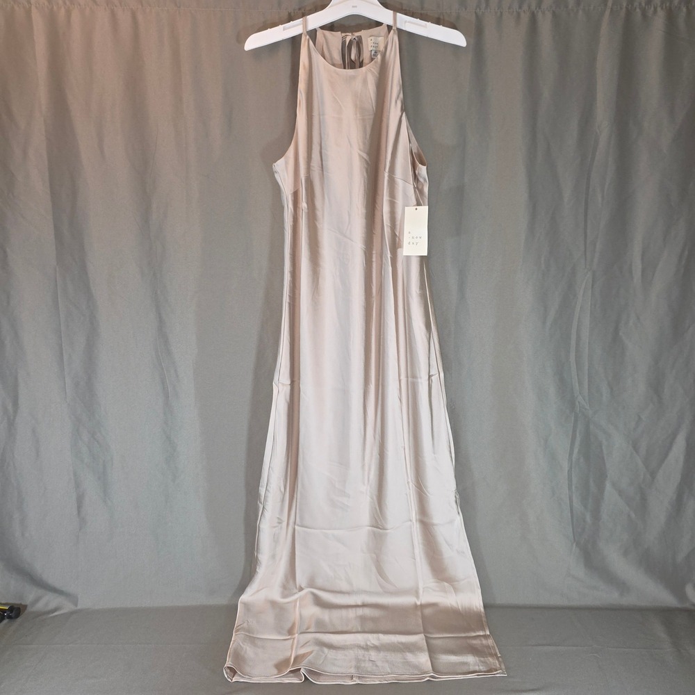 A New Day Womens Tan Satin High Neck Maxi Dress Halter Tie Back XS 018 09 3893